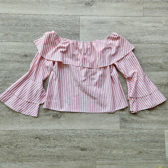 Hyfve Pink Striped Shirt Womens Medium Layered Bell Sleeve Off The Shoulder Top - Picture 7 of 9